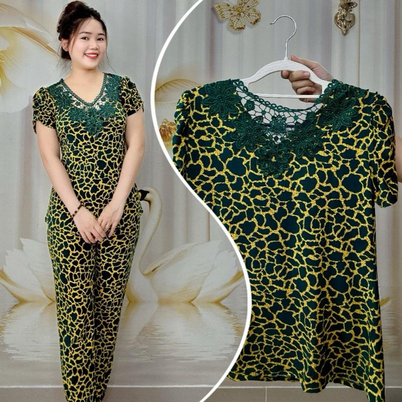 A88 Đồ bộ thun tơ hoa nữ trung niên hoạ tiết vân đá, cổ ren cặp trước sau thương hiệu Hải Sơn Women