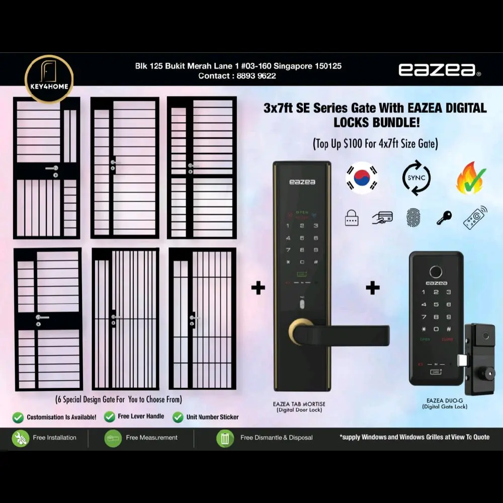 EAZEA Mortise Bundle of 3 (Mild Steel Gate + Digital Gate Lock + Fire Rated Digital Door Lock)