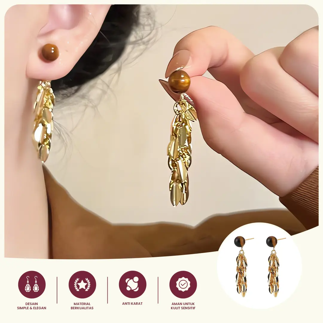 Anting Wanita 1 Pasang Batu Tiger Eye Gold / Anting rumbai emas desainnya lucu banget - A2700 /A2031