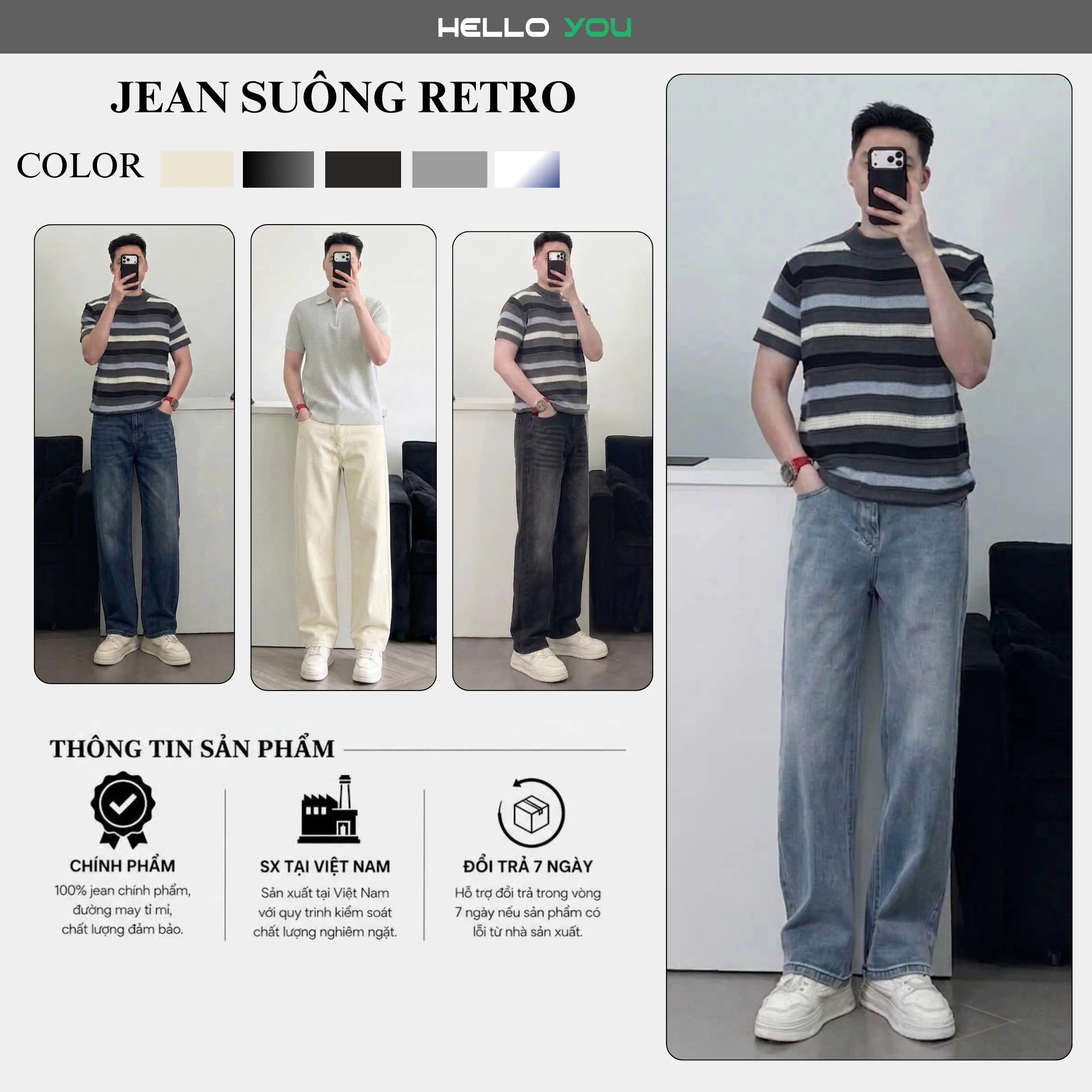 Quần Jean Nam Ống Đứng Wash Màu RETRO Rêu cạp cao form dáng suông vừa chất vải denim mềm mịn thoáng mát Menswear Pants Có Túi Lưng Cao