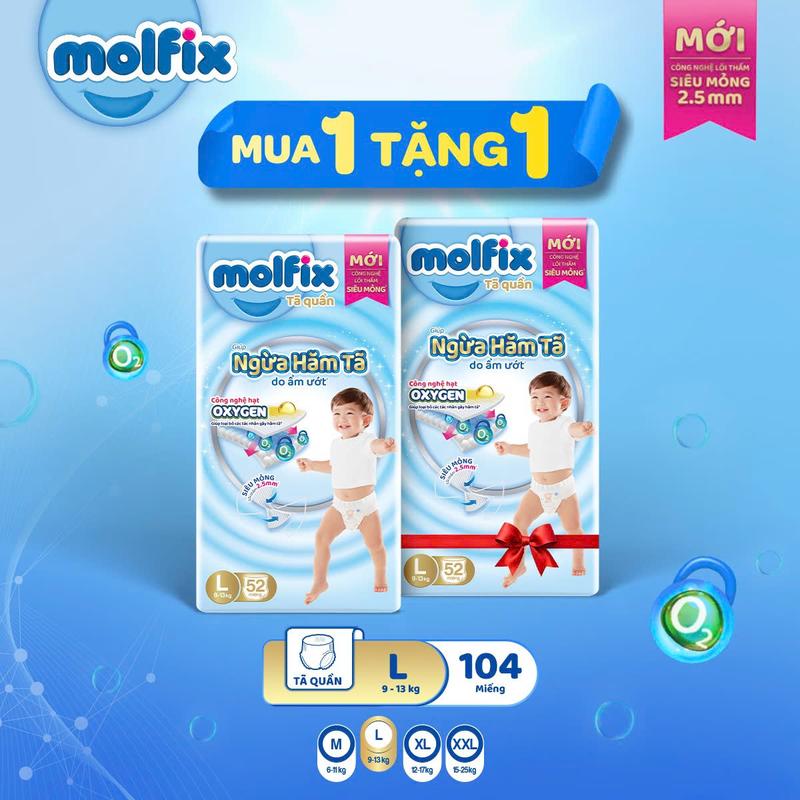 BOGO Tổng 2 gói Tã bỉm quần Molfix Oxy Super Jumbo giúp Ngừa Hăm Tã đủ các size M,L,XL,XXL