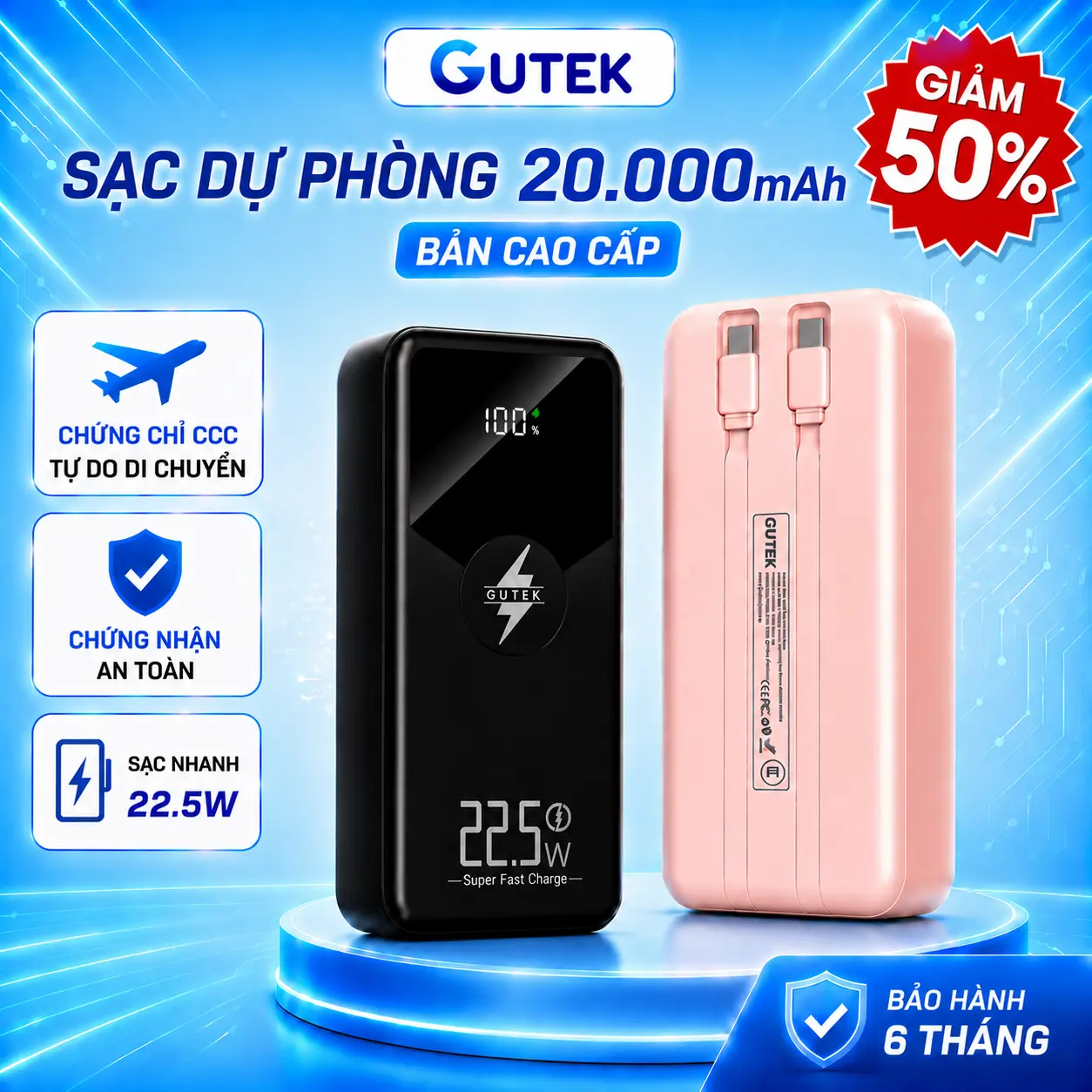 [Tặng sạc 3 đầu] Pin sạc dự phòng 20000mAh sạc nhanh 22,5W tích hợp dây cáp - Gutek GT229