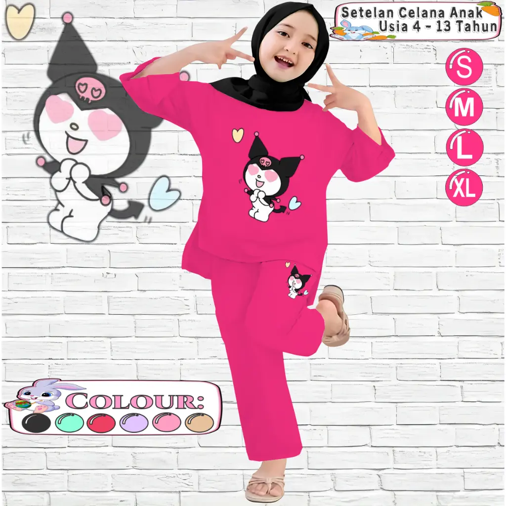 Baju Setelan Anak Perempuan Kaos dan Celana Panjang Fashion Motif Kuromi Belah Terbaru Usia 4-13 Tahun - KUROLOVE