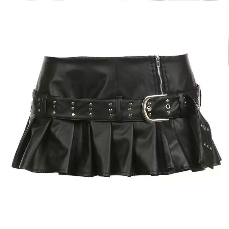 V7 - Siêu ngắn 21cm Chân váy da đen cạp trễ xếp ly kèm đai nịt đính đinh tán phong cách y2k cá tính mặc nhảy dance