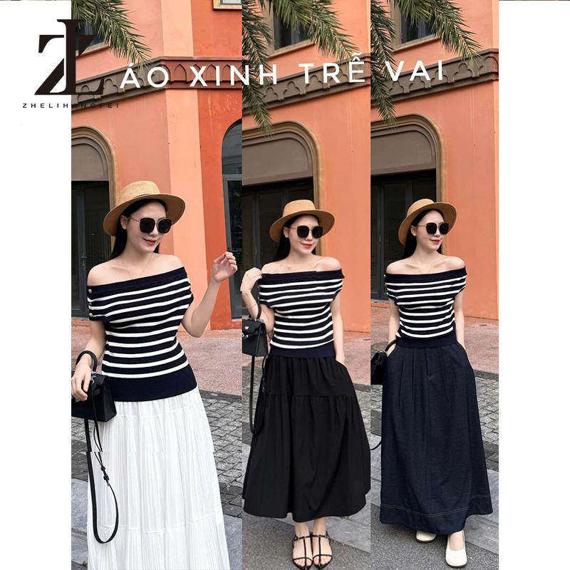 Áo trễ vai len ngang kẻ vai dáng ngắn phong cách tiểu thư sang trọng Hàn Quốc