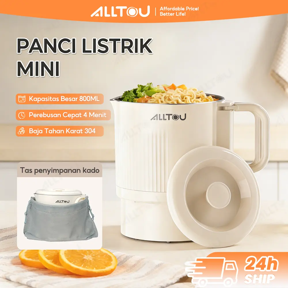 ALLTOU 800ML Panci Listrik Mini Multifungsi – Panci untuk Mahasiswa, Kukus & Rebus Jadi Satu, Panci Mie Instan Mini, Hotpot Listrik Mini, 304 Stainless Steel, 4 Menit Masak Cepat. Bisa buat masak nasi / bubur / mie instan，Garansi 1 tahun