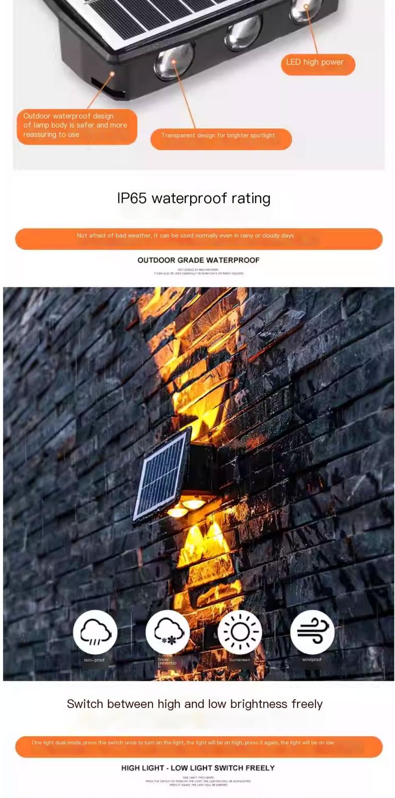 Product Introduction of Solar outdoor lights, household courtyard wall lights, waterproof wall washing lights, villa spotlights, double headed high brightness wall lights, up and down 3