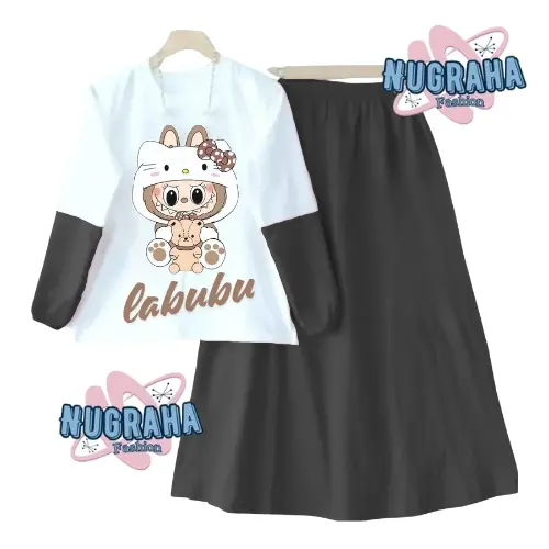 Nugraha.fashion - Labubu 03 Setelan Anak Perempuan Terbaru 2025 Motif Sablon Bahan Crinkle Airflow Nyaman 2