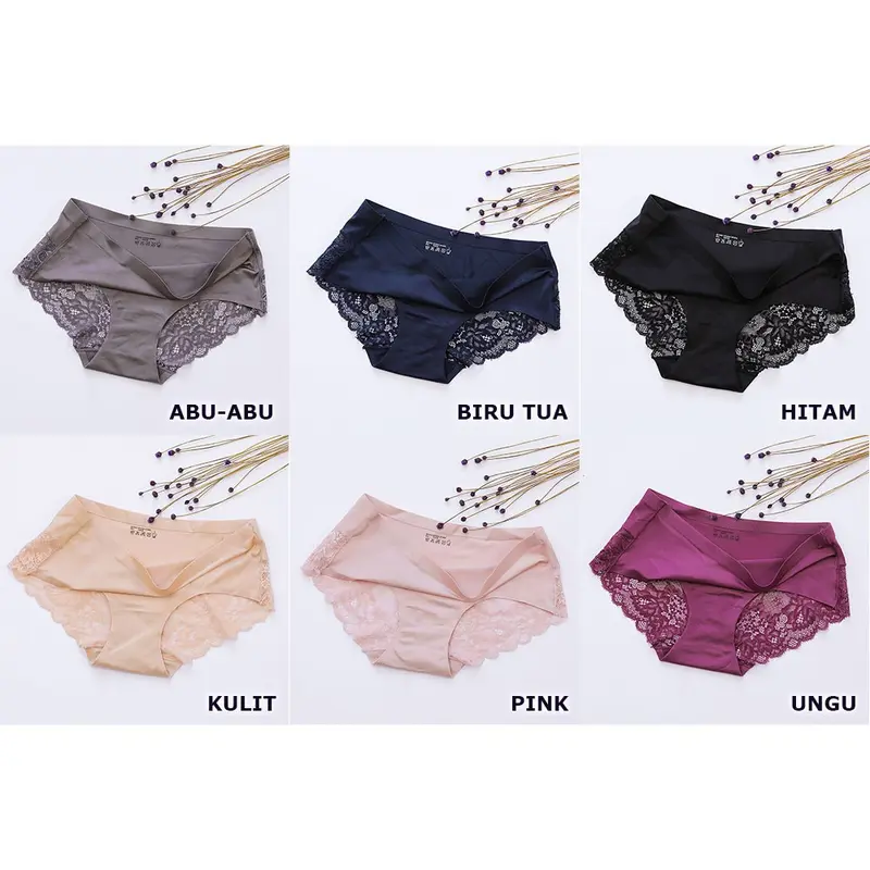 Celana Dalam Pendek CD Brief Seamless Bahan Ice Silk Aksen Lace Untuk Wanita Hitam - CD043 5