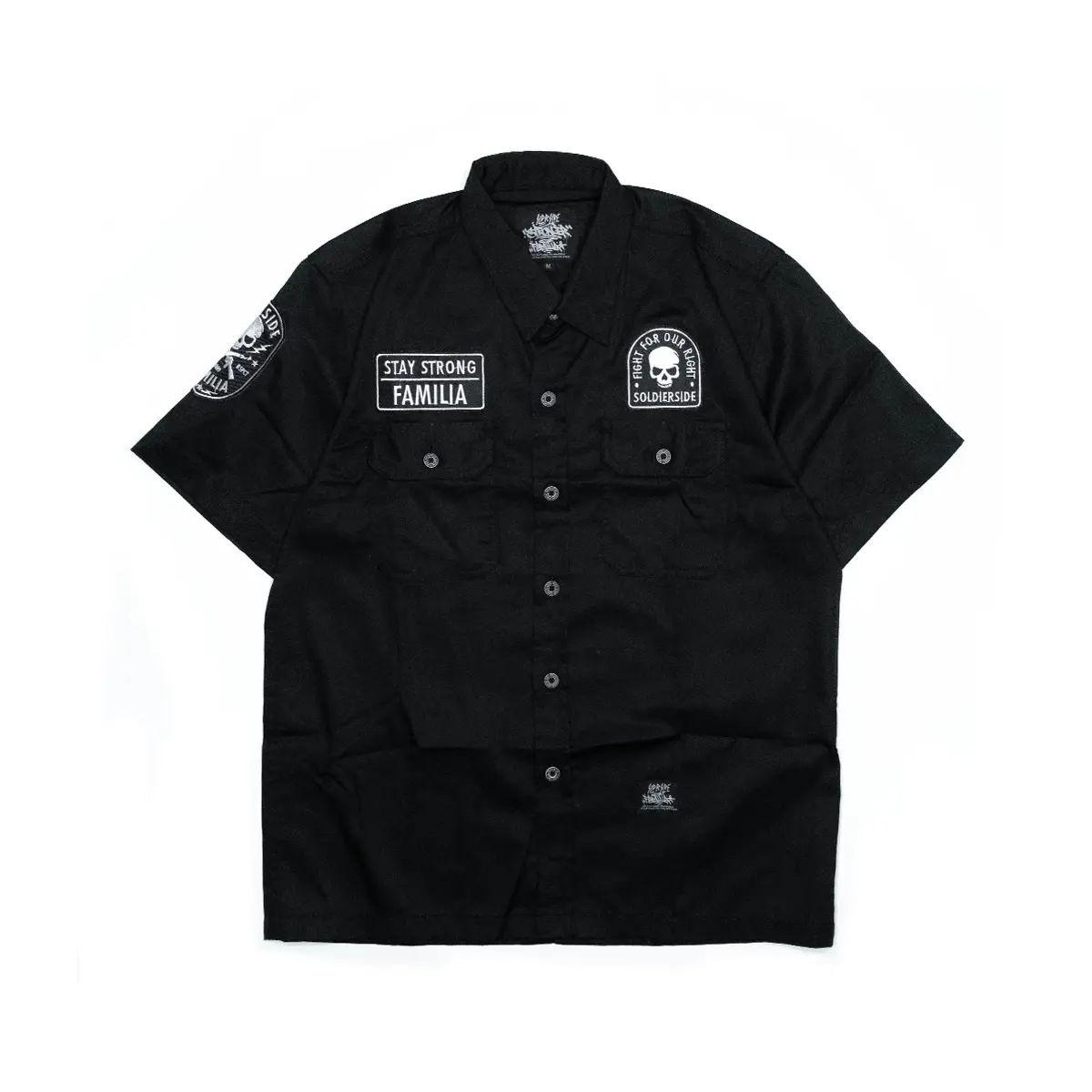 Soldierside Workshirt Distro Logo "FAMILIA" Hitam Bordir Rapi Kancing Keren WS194 Kantong Simple