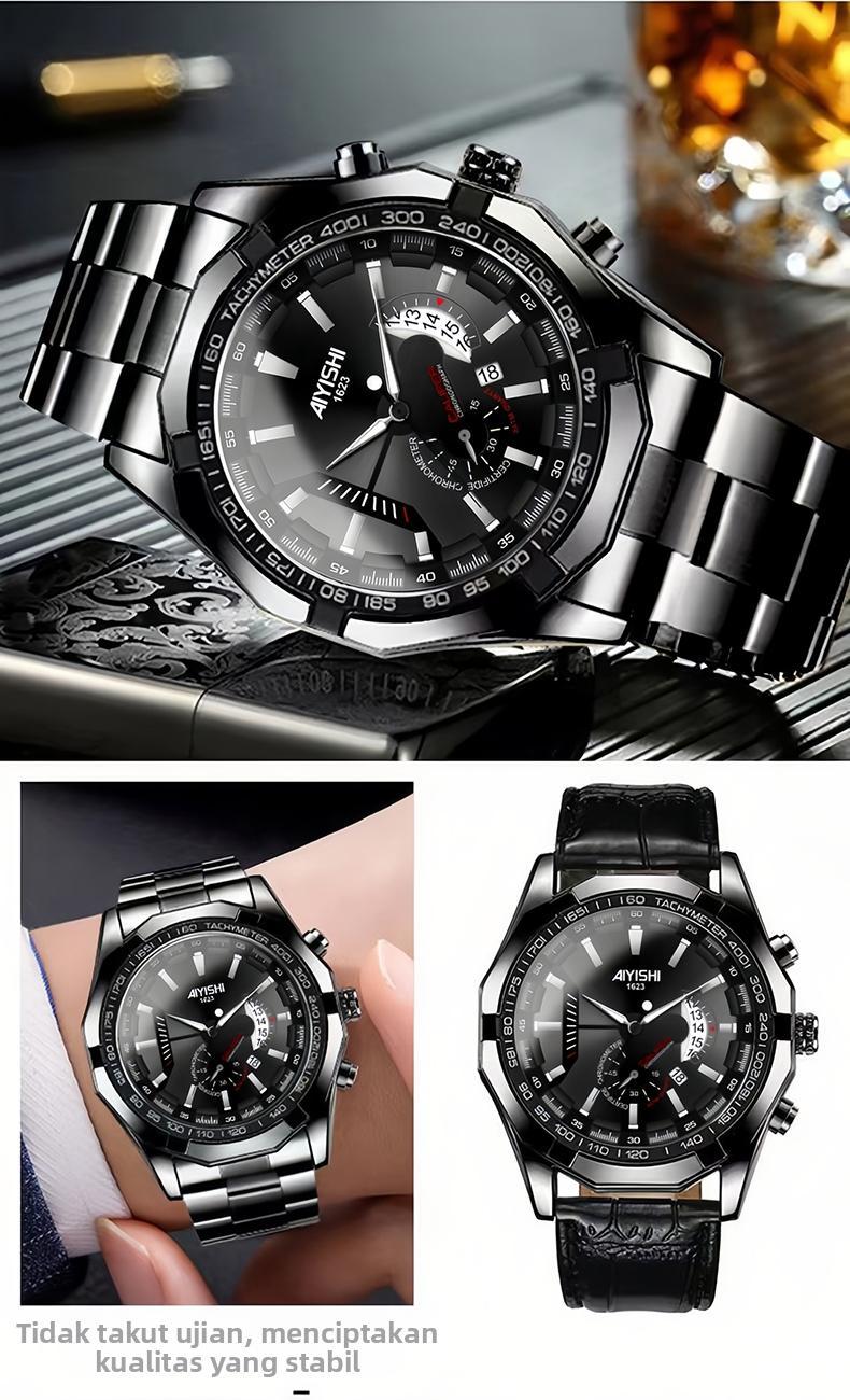 AIYISHI Jam Tangan Pria Mewah & Sporti 1623 Multifungsi Tahan Air 30M Dial Hitam Bodi Stainless Steel Garansi 2 Tahun Kaca Kristal Kuarsa Otomatis