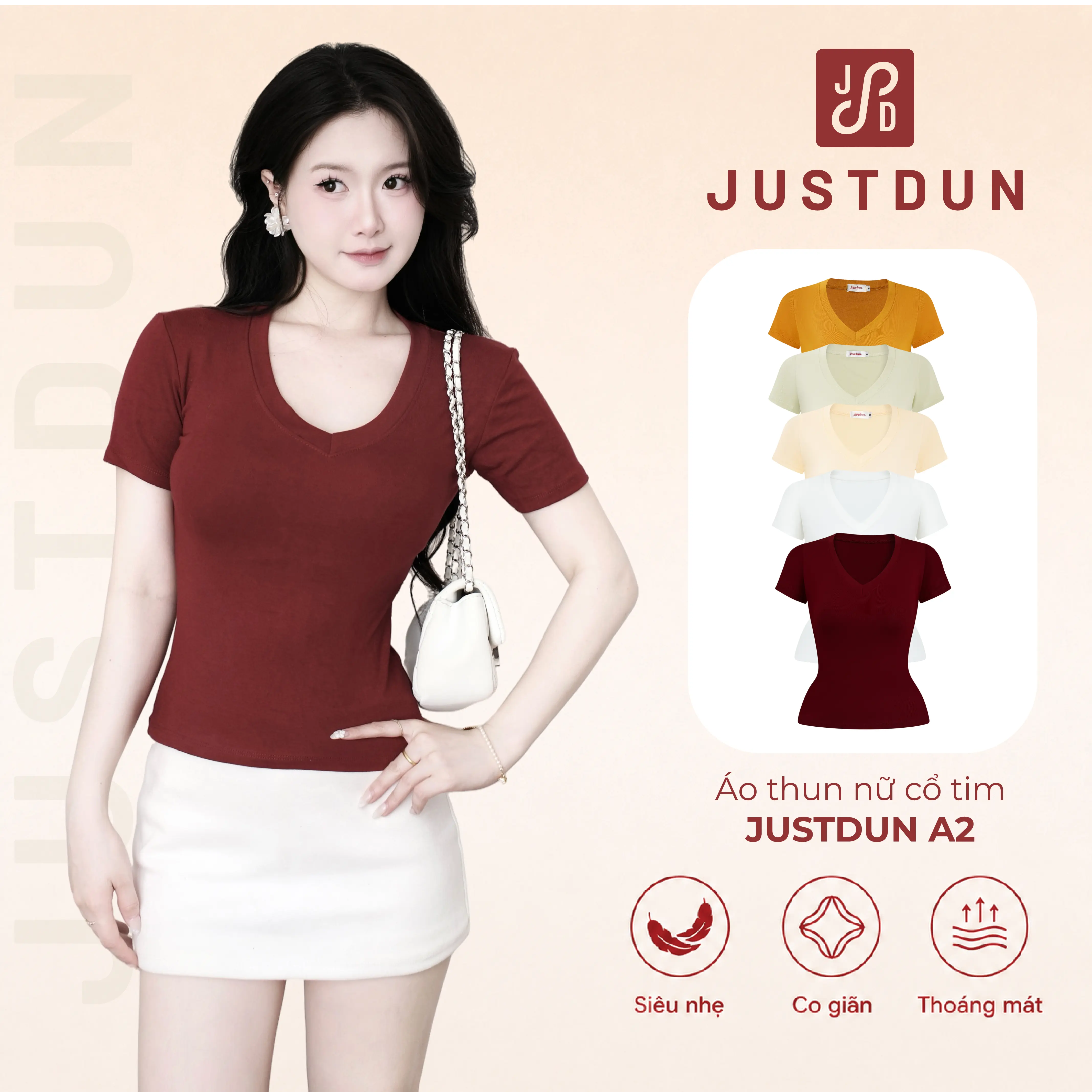 ( Signature ) Áo Thun Nữ Basic Cổ Tim Trơn JUSTDUN A2 – Chất Cotton Lông Mịn Cao Cấp, Co Giãn 4 Chiều