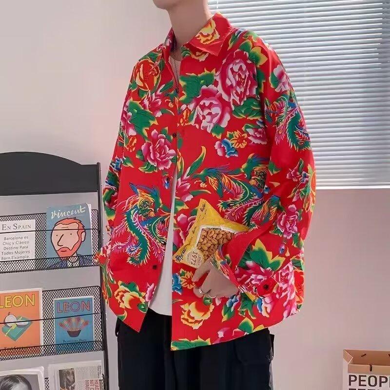 Product Introduction of Men's and Women's Neutral Chinese Style Northeast Big Flower Short-Sleeved Shirt Shirt Coat Ethnic Style Ancient Chinese Clothing Team Uniform 8