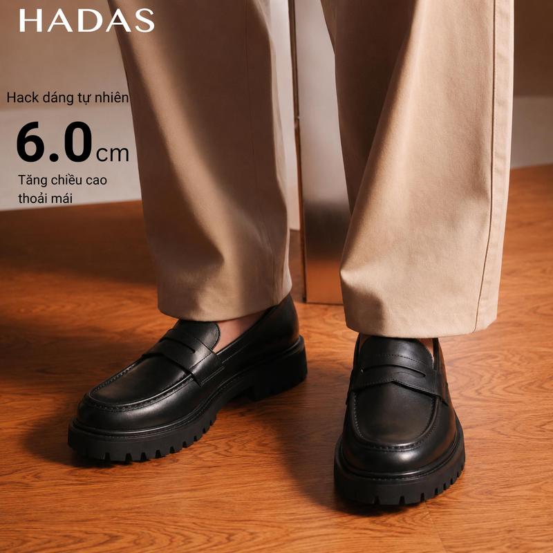 HADAS Giày Chunky Loafer Viền Full Black Tăng 6cm Đế Cao Su Khâu Chống trơn trượt