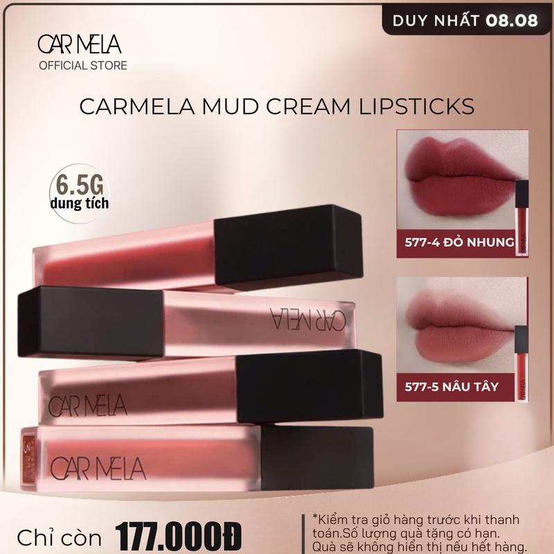 577 [DEAL 10.10] Son bùn CARMELA thuần chay VER1 siêu lì,min môi,lên màu chuẩn thay đổi sắc độ môi,che phủ màu môi tốt phù hợp cho mọi trang điểm với m