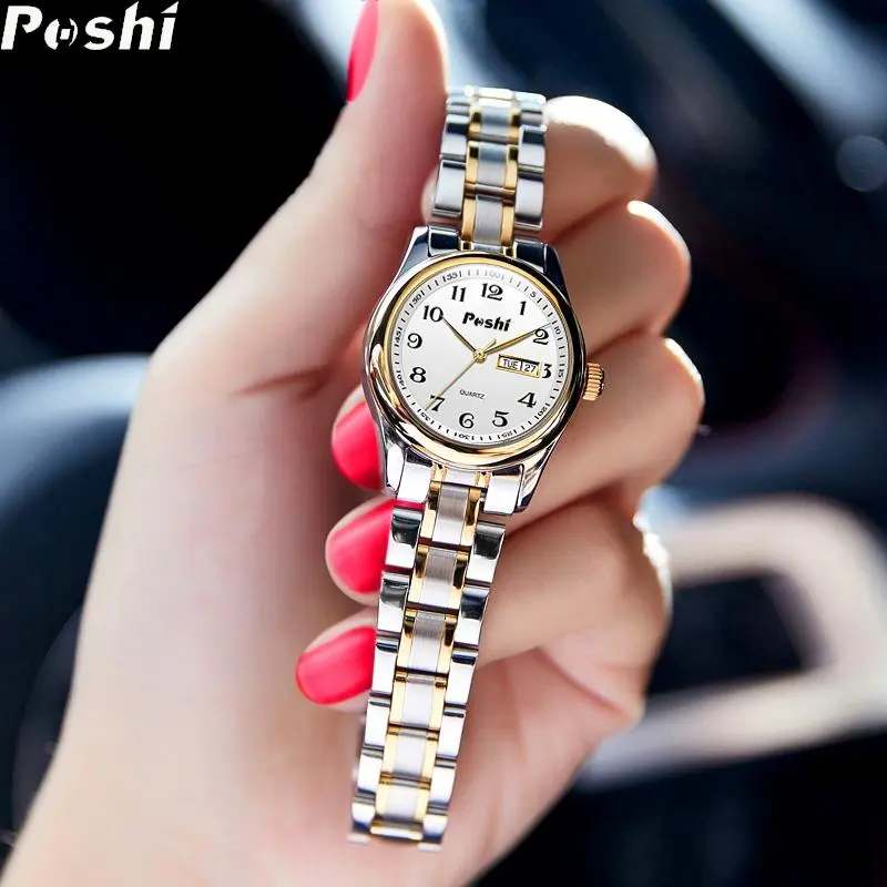 Đồng Đồng Hồ Vàng Chống Nước, POSHI Chính Hãng Dành Cho Nữ, Phong Cách Thường Ngày Đồng Đồng Hồ Đeo Tay Hoàn Toàn Bằng Thép, Đồng Đồng Hồ Nữ Thạch Anh Mặt Số Kim