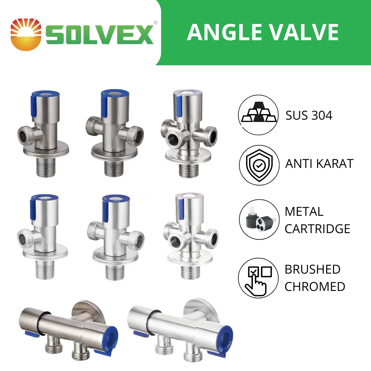 SOLVEX Stop Kran Cabang Stainless Steel SUS 304 Double Angle Valve 1 2 3 Keran Katup Keran Air 1/2 inch Closet Shower Kamar Mandi Mesin Cuci Toilet Bidet Multifungsi