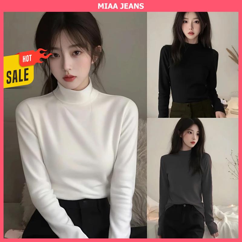 MIAA Áo Giữ Nhiệt Nữ Cổ Cao 3cm Lót Nỉ 2 lớp Co Giãn 4 Chiều Nhiều Màu Size S-2XL - Dáng Basic Dài Tay Ôm Body - Áo Thun Giữ Nhiệt Nữ