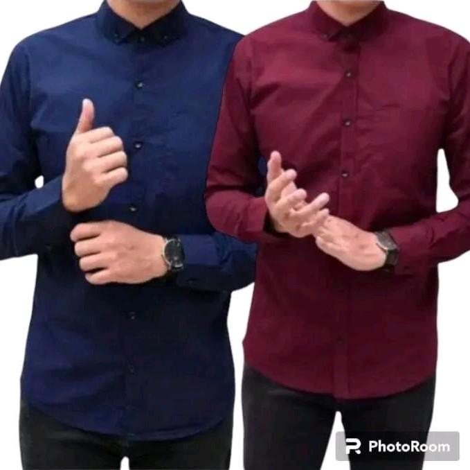 Paket 2 Pcs Kemeja Polos Lengan Panjang Catun Casual Slimfit  Baju Dinas Kantor  Kancing Kerah Simple Standar Putih Navy Nyaman Variasi Santai Pria Kerja Hitam Basic 5