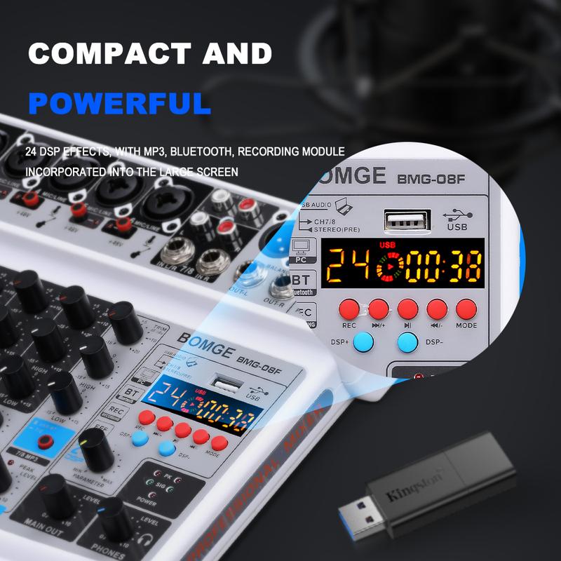 BOMGE-mini 8 Channel Audio Mixer, Line Mixer, DC 5V, with MP3 Player, Bluetooth, 48V U Disk, 24DSP Effect, USB Recording Suitable for small club or bar, studio recording 5
