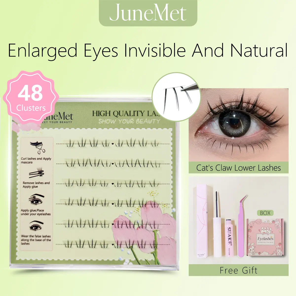 48 Clusters of Transparent Lower Lashes JuneMet 3D False Eyelashes Length 7mm Soft Female False Eyelashes Transparent Naturally suitable for Daily Makeup