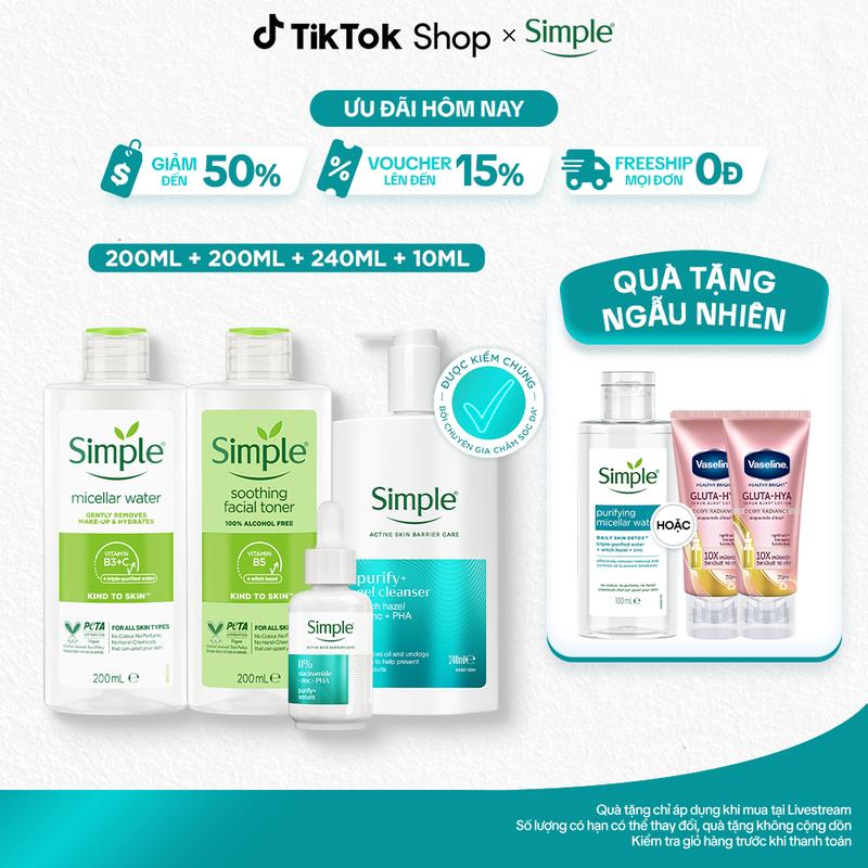 Nước Tẩy Trang & Toner 200ml Cho Da Nhạy Cảm Sữa Rửa Mặt 240ml & Serum 10ml Purify+ Kiềm Dầu, Giảm Mụn Sau 7 Ngày