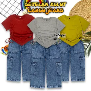 SETELAN JEANS ANAK PEREMPUAN / KULOT CARGO JEANS ANAK / KAOS CROP TOP KEKINIAN / ONE SET LEBARAN Usia 2-12 tahun terbaru Denim