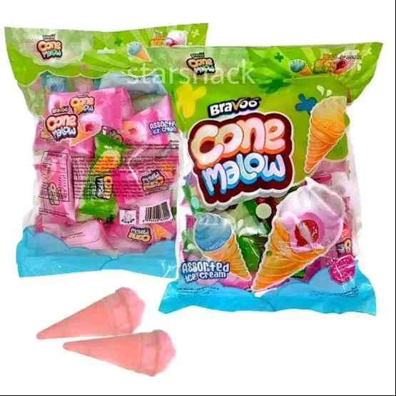 BRAVO CONE MALLOW | ISI 20 PCS | UKURAN 4,6GRAM | ANEKA MARSHMELLOW BENTUK ICE CREAM RASA ASSORTED | BPOM HALAL