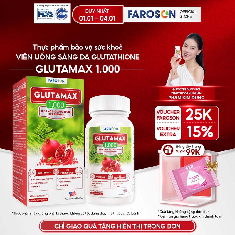  TPBVSK Viên Uống Glutathione Faroson Glutamax 1000 Hỗ Trợ Sáng Da Mờ Thâm Nám Chống Nắng Hộp 30 Viên 
