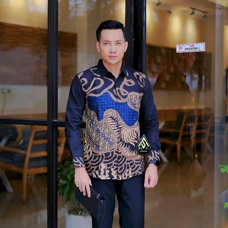 BATIK Slimfit lapis furing pria premuim bahan asli katun terbaru motif Kawangga coklat denim 0