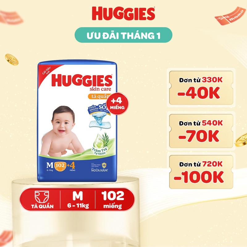 Tã bỉm quần Huggies Skincare Mega Jumbo với tràm trà dịu da Size M106 L96+8 XL84+4 XXL76+4
