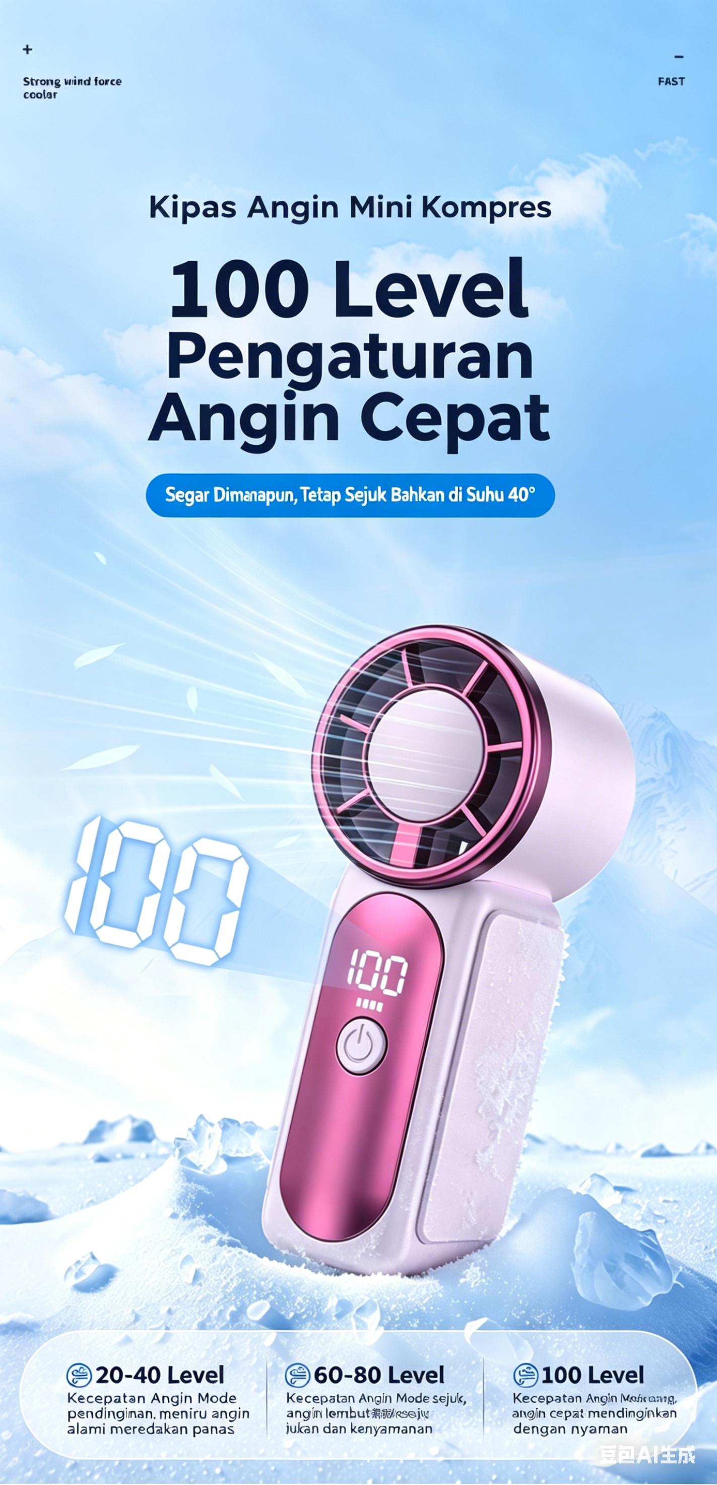 Kipas genggam mini turbin 100 kecepatan - aliran udara kuat, pendinginan cepat, tahan lama, dan mudah dibawa.