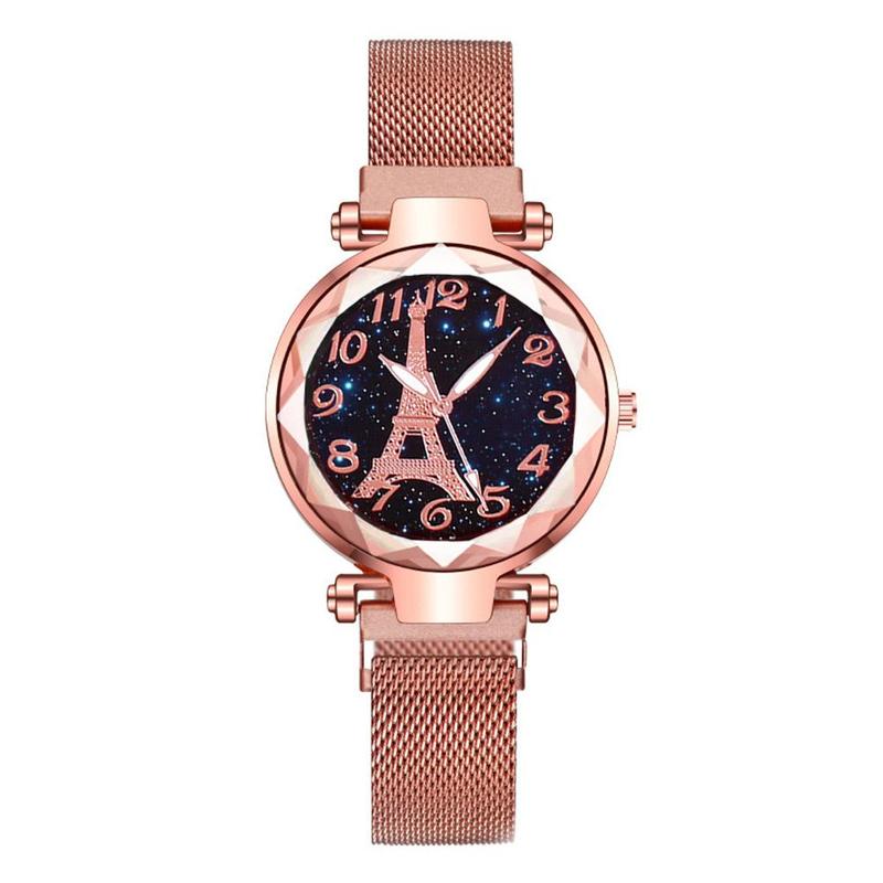 Product Introduction of 1 Pc Alloy Fashion Paris Tower Watch Women Starry Sky Watch Magnet Belt Quartz Watches 26