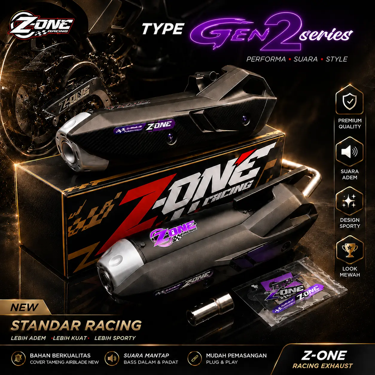 Knalpot Z-ONE Racing GEN 2 Series Bass Adem PNP Aerox Beat Fi Vario Scoopy Mio Nmax Pcx fazzio Genio
