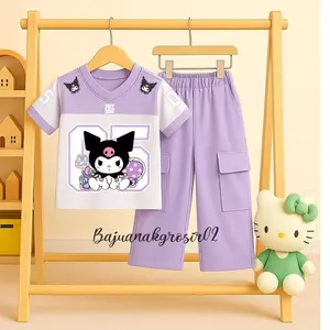 Baju Anak Perempuan Setelan Jersey Lengan Pendek & Celana Cargo Panjang Usia 1-12 Tahun Bahan Baby Terry Jersey Anak Perempuan Motif Karakter Kuromi