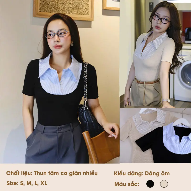 Áo Thun Phối Sơ Mi Cộc Tay Phối Cổ Thanh Lịch Nữ Top