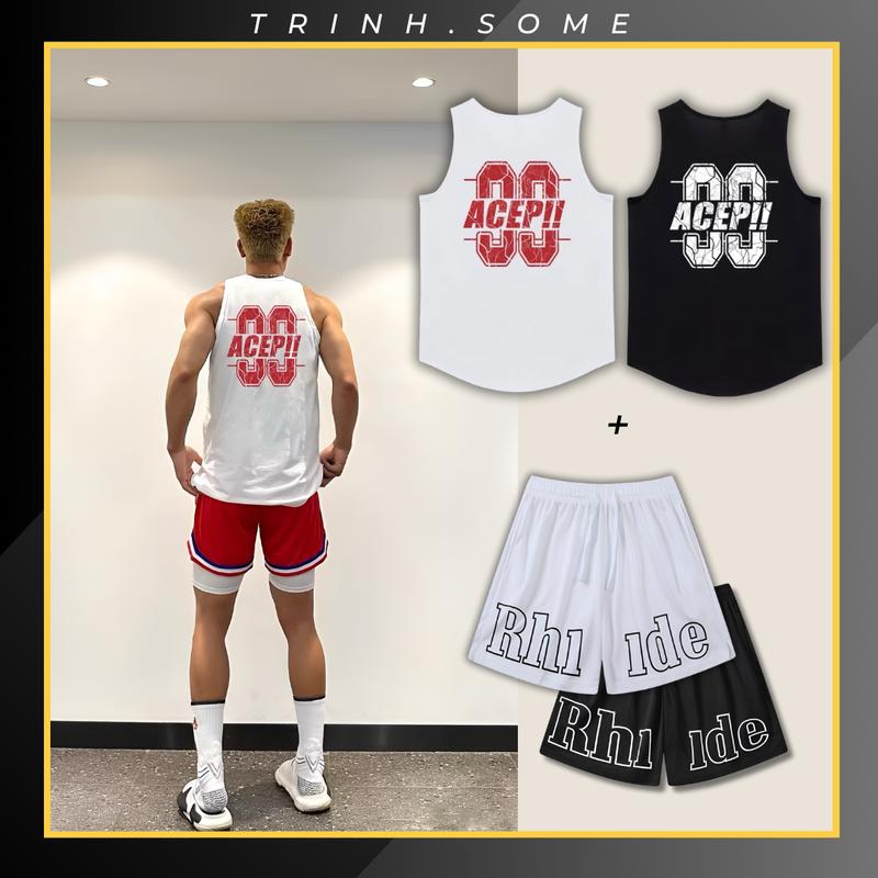 Bộ Quần Áo Ba Lỗ Thể Thao Nam Nữ Set Áo Tanktop Hoạ Tiết Lưng Phối Quần Short Lửa Cá Tính, 2 Túi Có Khoá Kéo, Dây Rút, Cạp Chun. Mã: BL.QD