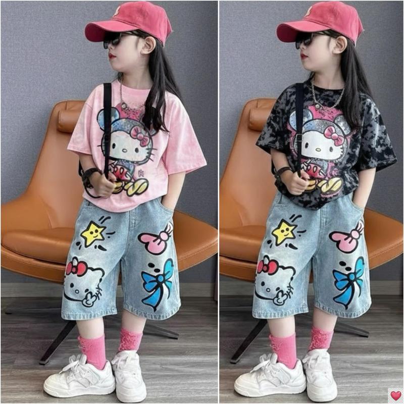   MinMinKid2   21-55kg dưới 1m6  Set áo thun cotton loang in hoạ tiết xinh xắn phối QUẦN NGỐ MÈO cho bé gái 