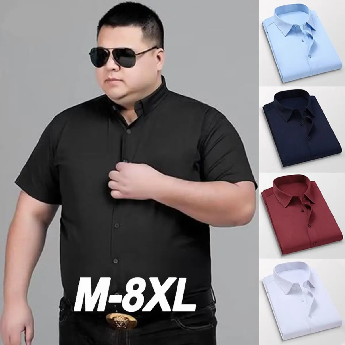45-130KG Fat Man Short Sleeve Plus Size  Elastic Shirt Men Basic Simple Plain Shirt Business Causal Bottoming Work Shirt
