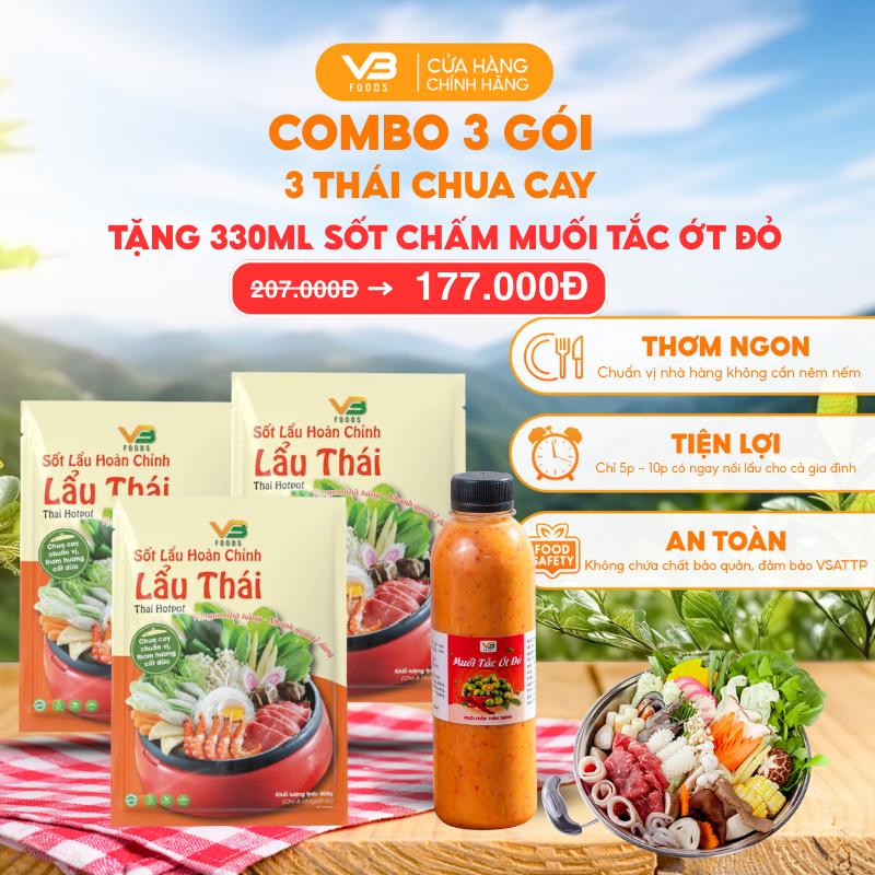Sale Vui Freeship COMBO 3 gói cốt lẩu VB Foods thơm ngon tiện lợi + QUÀ TẶNG 330ml sốt chấm muối tắc ớt đỏ