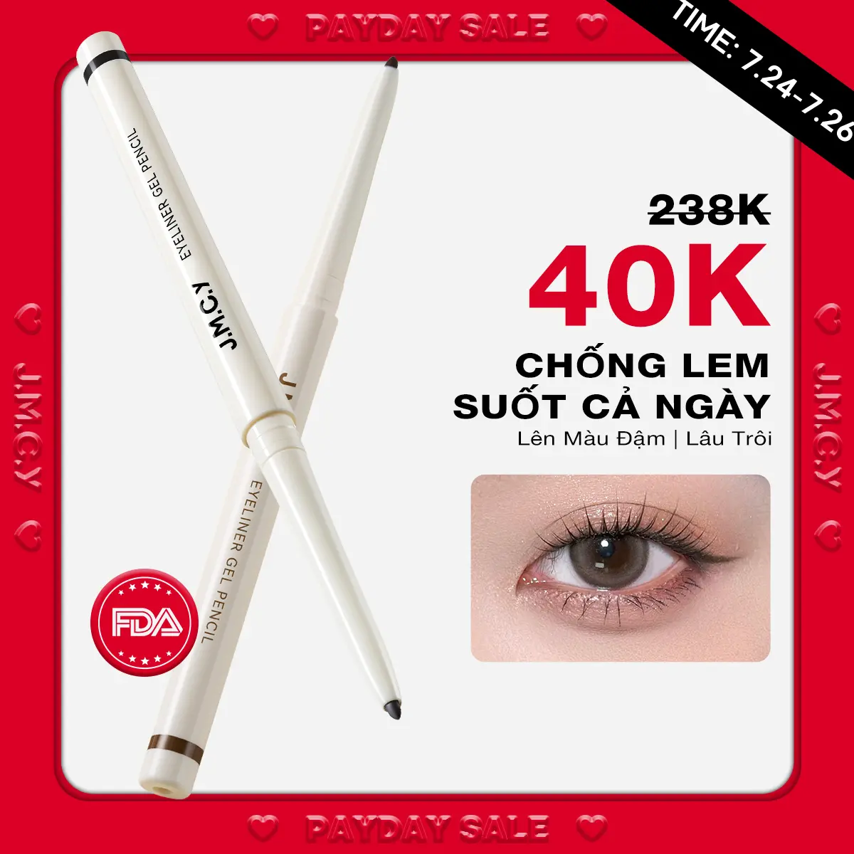 【PAYDAY SALE】JMCY- FDA Chứng Nhận Bút Kẻ Mắt Dạng Gel Màu, Không Thấm Nước & Chống Nhòe, Sắc Tố Cao, Ứng Dụng Mịn, Đầu Nét Chính Xác, Lâu Trôi