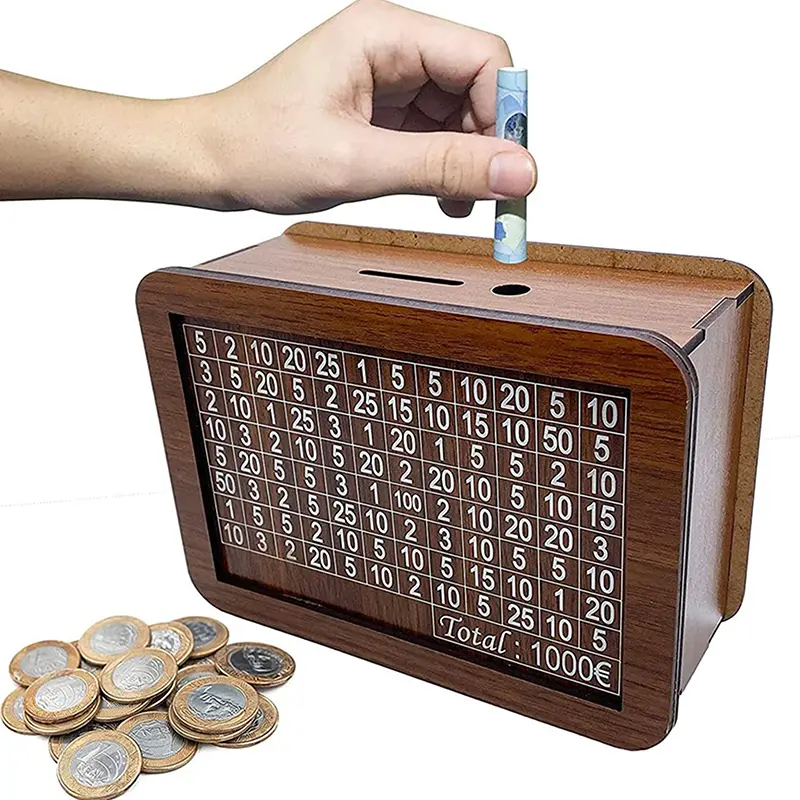 Wooden Money Box Piggy Bank With 1000 Savings Goal Cash Coin Saving Box Gift For Adults and Kids