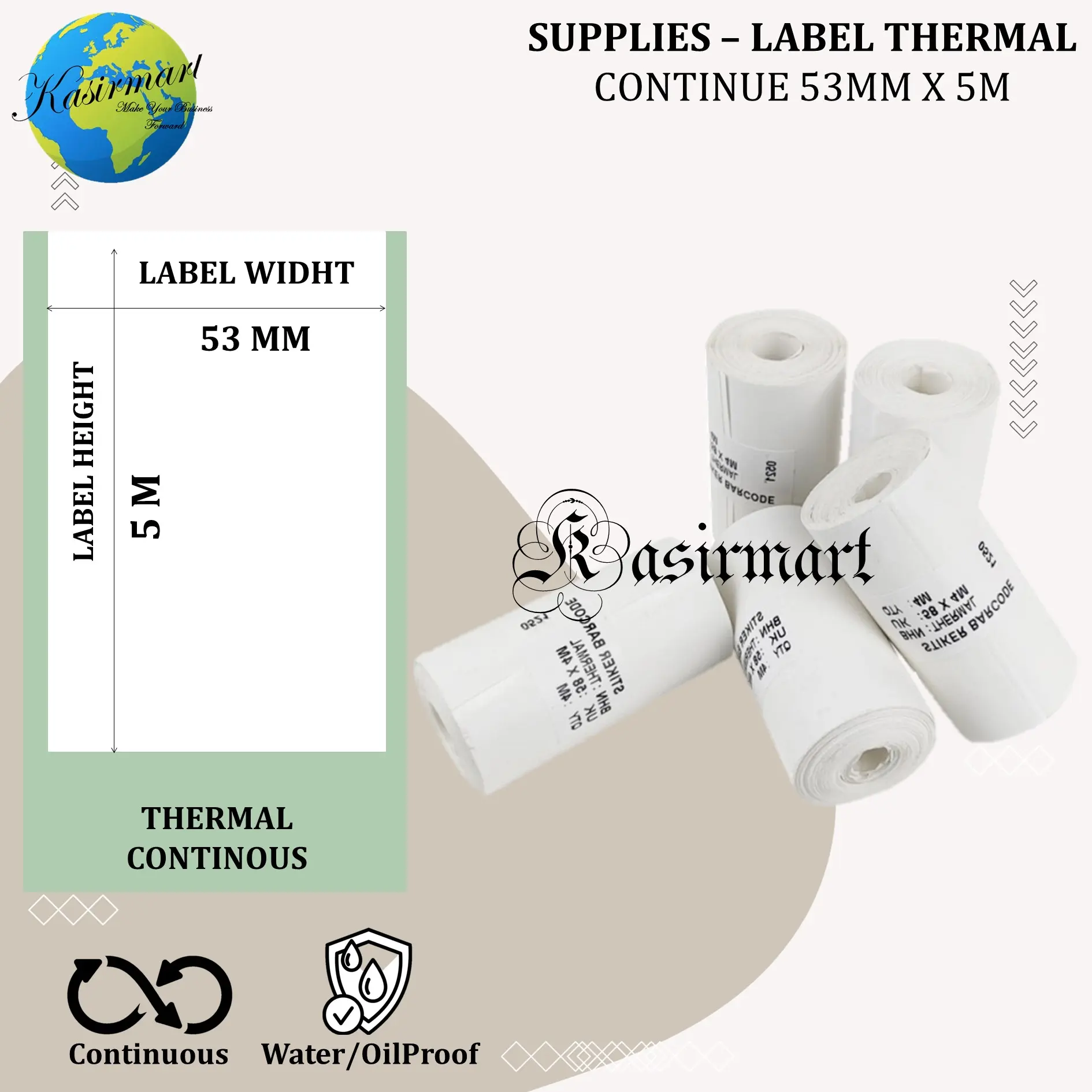 [MIN 5 ROLL] Kertas Sticker Thermal 58mm Cocok Untuk Printer Label Thermal Bluetooth 53X5m Resi