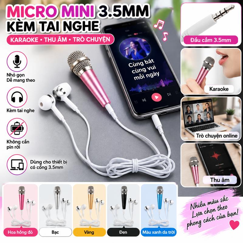 Micro Mini 3.5mm Kèm Tai Nghe Cho Điện Thoại Máy Tính Micro Karaoke Có Dây Nhỏ…