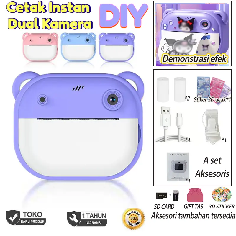 Kamera Instan Mini untuk Anak: Dual Kamera 48 MP, Rekaman FHD, Layar 2", Dilengkapi Game, Filter, dan Penyimpanan 8GB