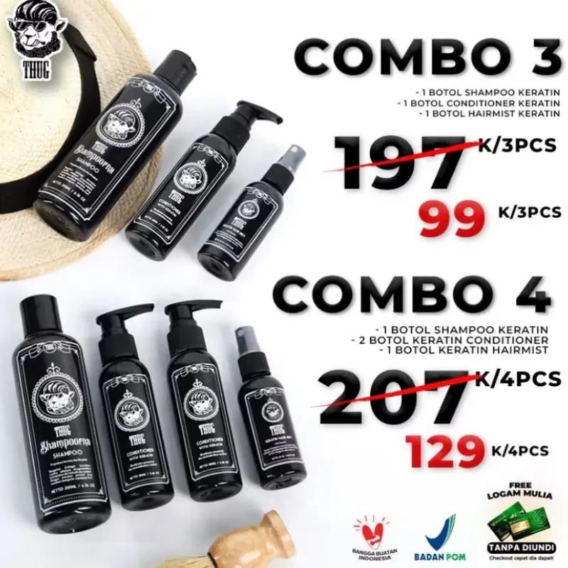 Thug Set Pelurus & Pelembut Rambut Keratin Combo 3/4: Shampo Conditioner Hairmist Hi-tech Keratin Rambut Halus Lembut Wangi Pelemas Rambut Pria Treatment Haircare