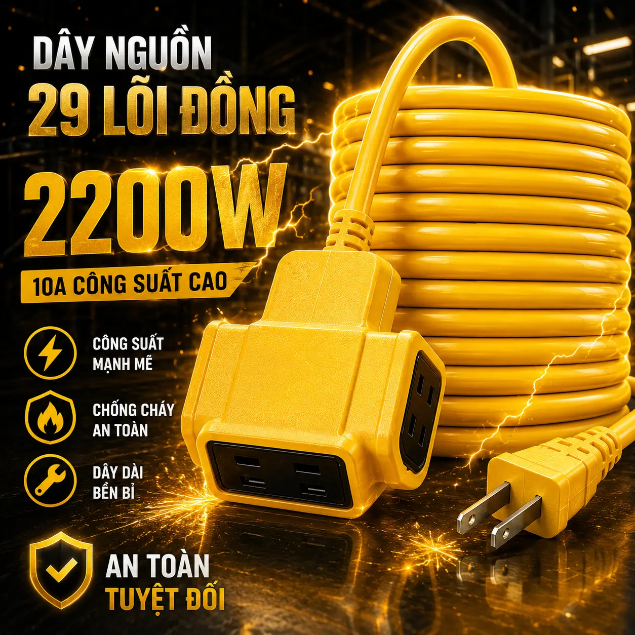 Dây nguồn có chiều dài 5m/10m/20m/30m, trang bị ổ cắm đa chức năng 220V và 29 lõi đồng chất lượng cao, phù hợp cho sử dụng trong nhà, công nghiệp và ngoài trời. An toàn và không gây lo lắng.