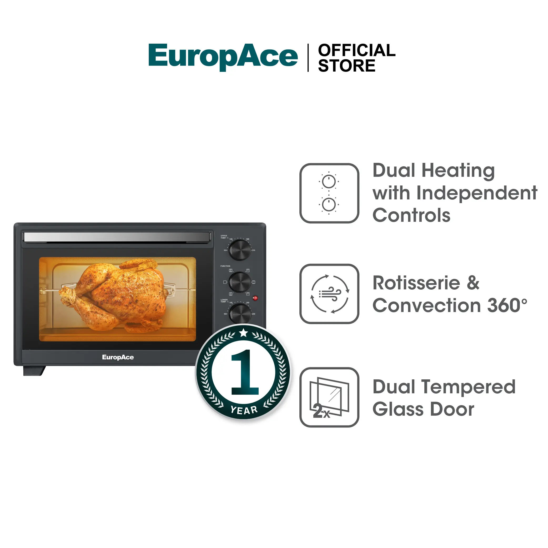 EuropAce | 30L Convection Oven with Rotisserie & Interior Light | EEO5303DGY | 1 Year Carry-In Warranty | Grey