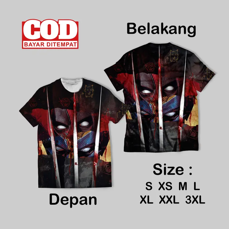 Kaos Fullprin Wolverine Deadpool Wallpaper | Kaos AOP Wolverine Deadpool film Depan belakang 4
