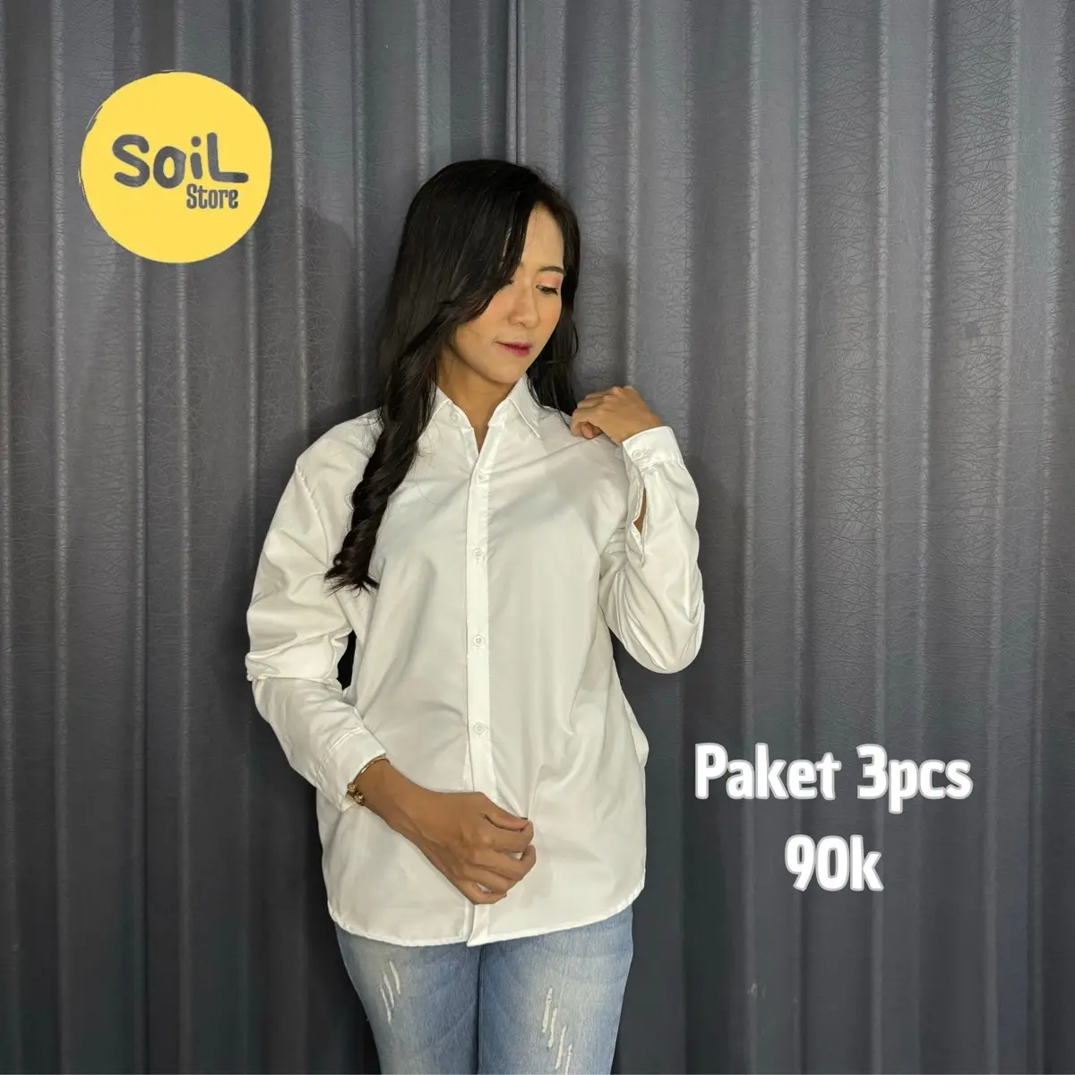 PAKET 3 PCS ~ KEMEJA KERJA WANITA POLOS LENGAN PANJANG WARNA HITAM PUTIH NAVY COKSU SLIMFIT CASUAL KUALITAS PREMIUM TERMURAH